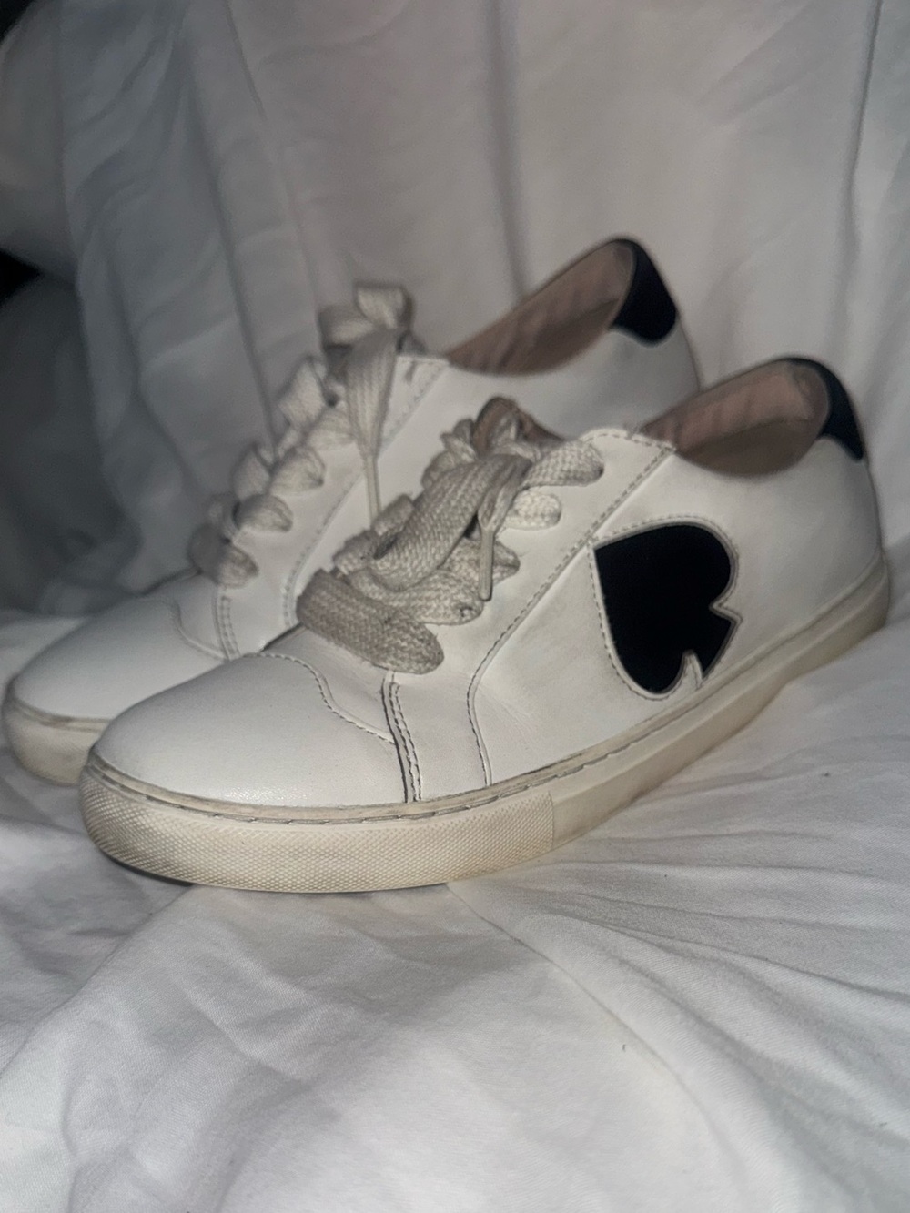 kate spade White Leather Sneakers with Black Heart Accent